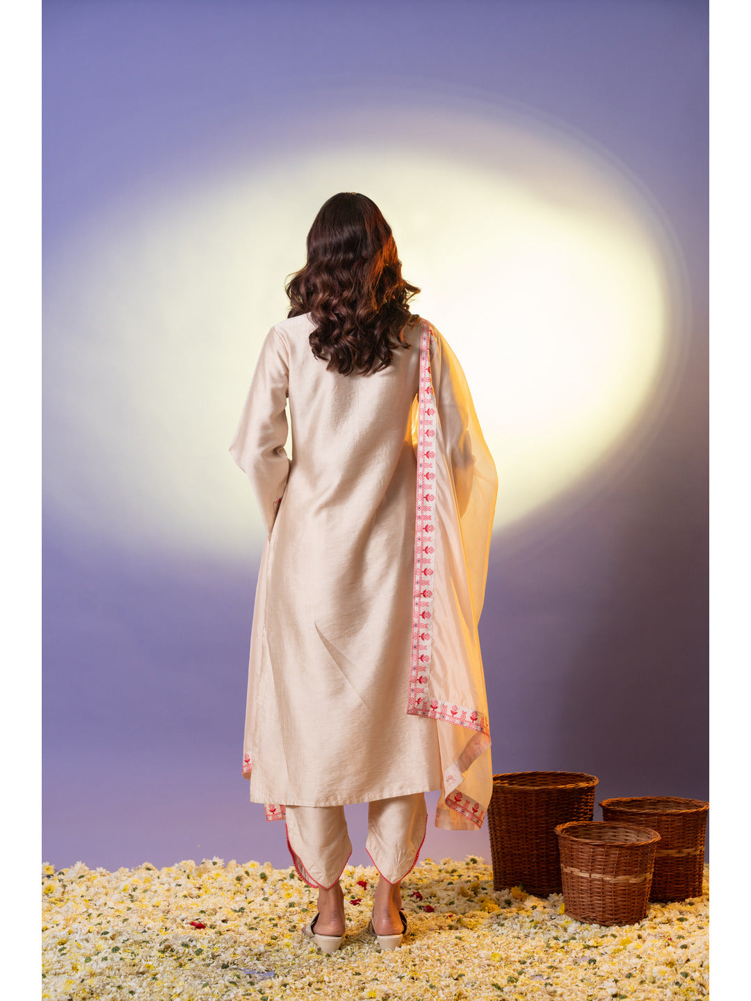 Beige Floral Embroidered Neck Kurta with Trouser & Dupatta