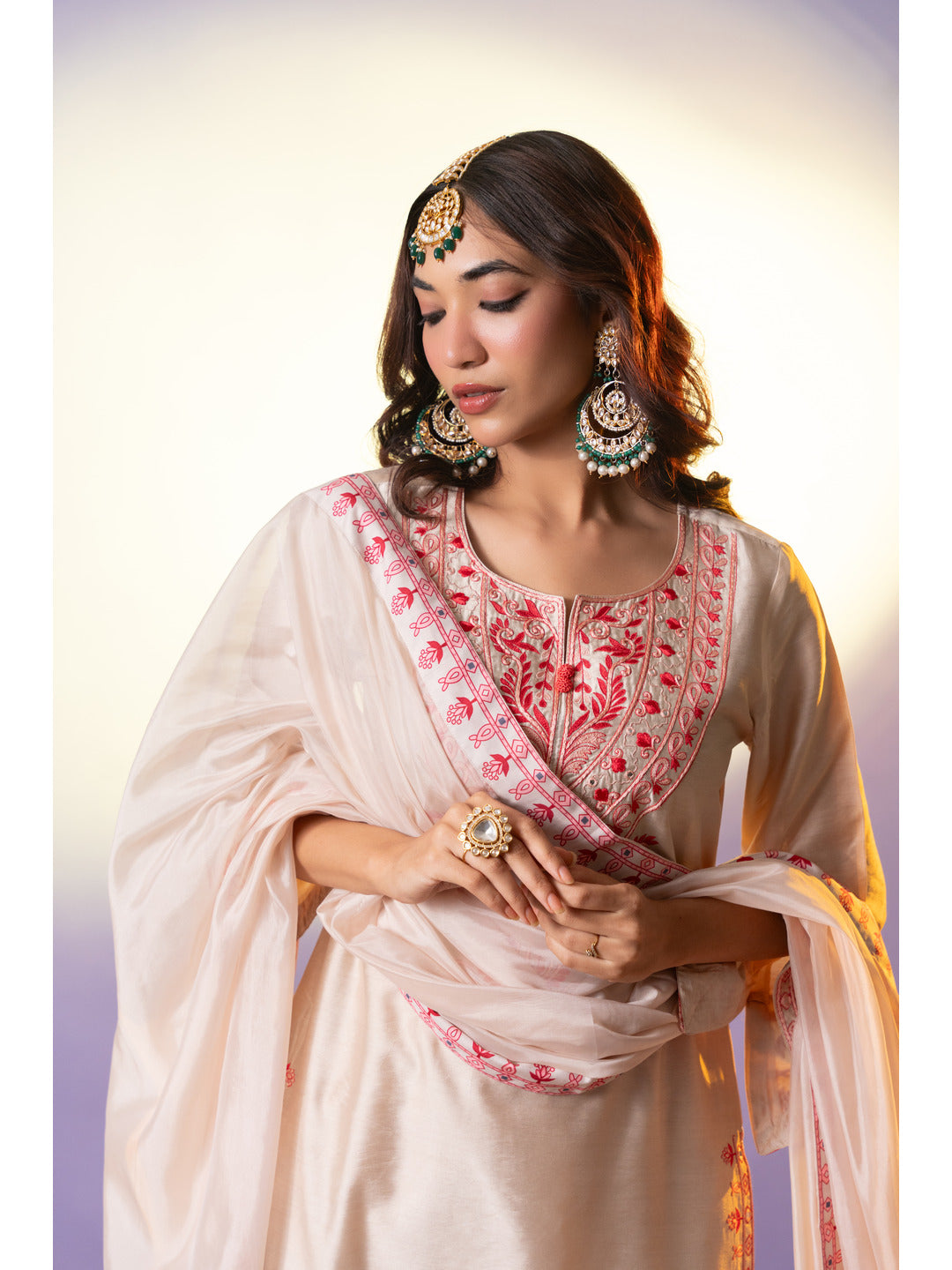Beige Floral Embroidered Neck Kurta with Trouser & Dupatta