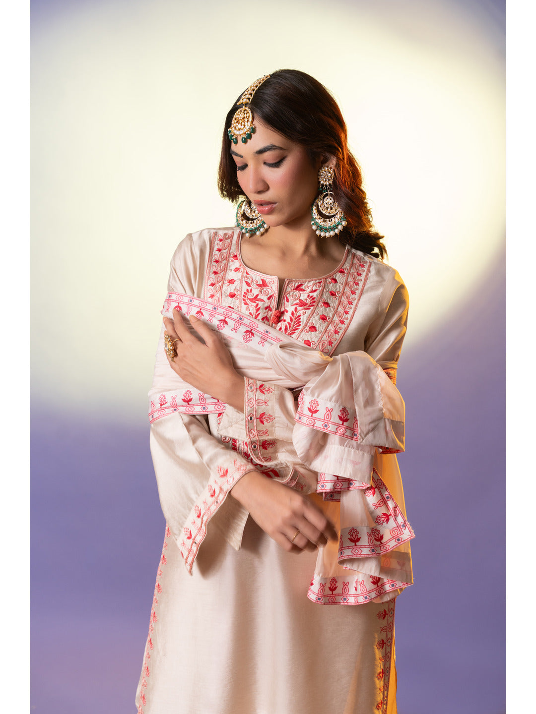 Beige Floral Embroidered Neck Kurta with Trouser & Dupatta