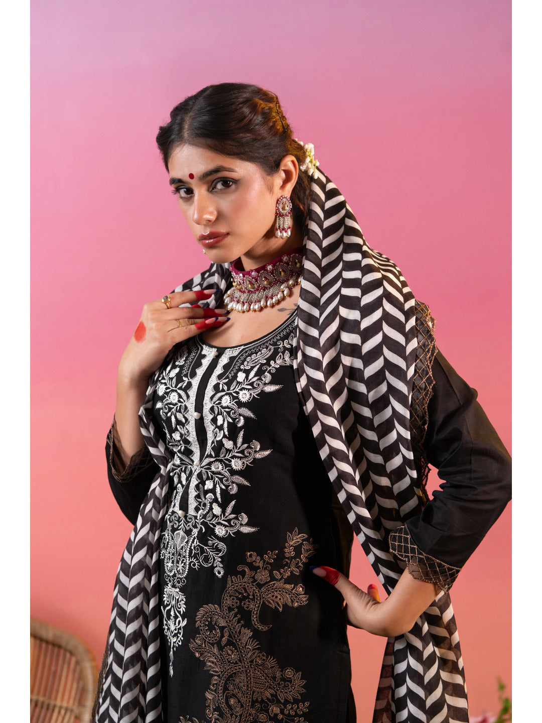 Beautiful Black Embroidered Kurta Set with Printed Dupatta