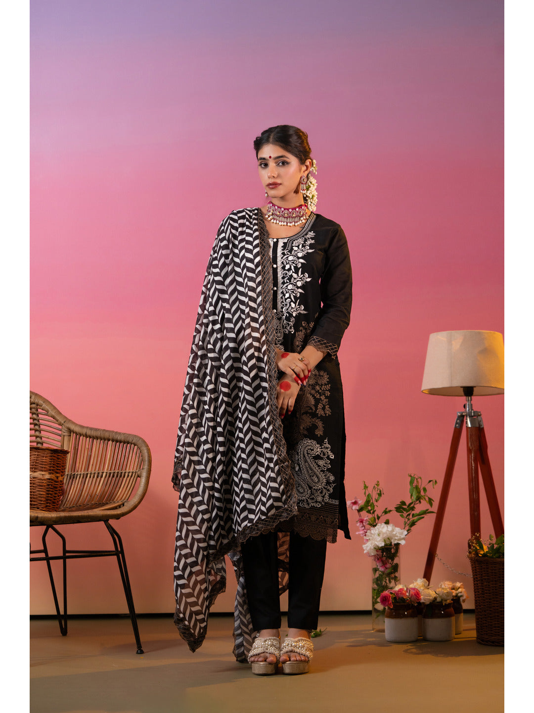 Beautiful Black Embroidered Kurta Set with Printed Dupatta