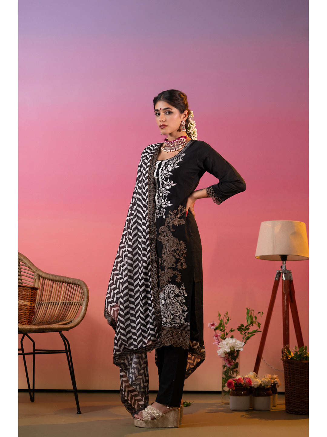 Beautiful Black Embroidered Kurta Set with Printed Dupatta