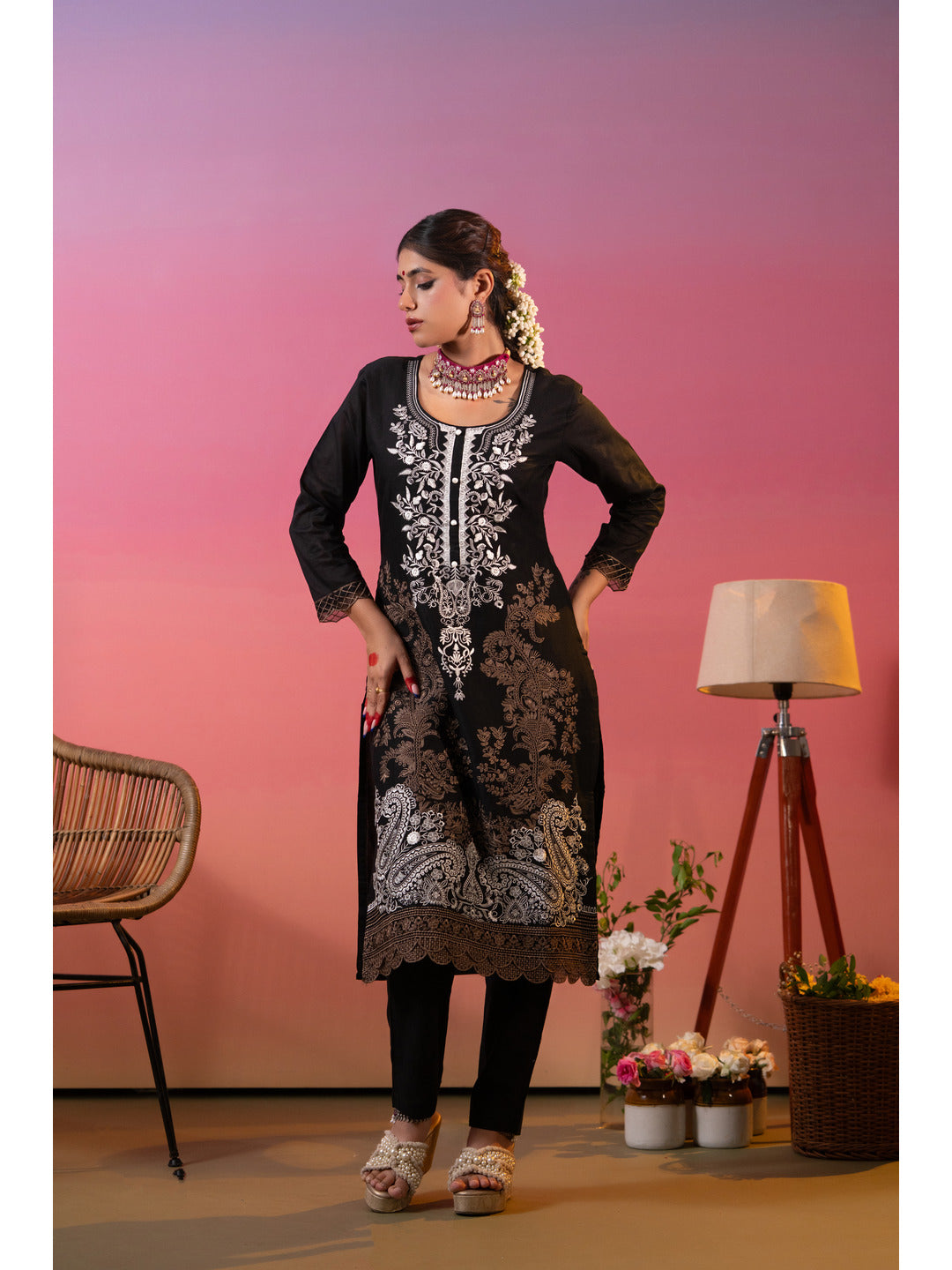 Beautiful Black Embroidered Kurta Set with Printed Dupatta