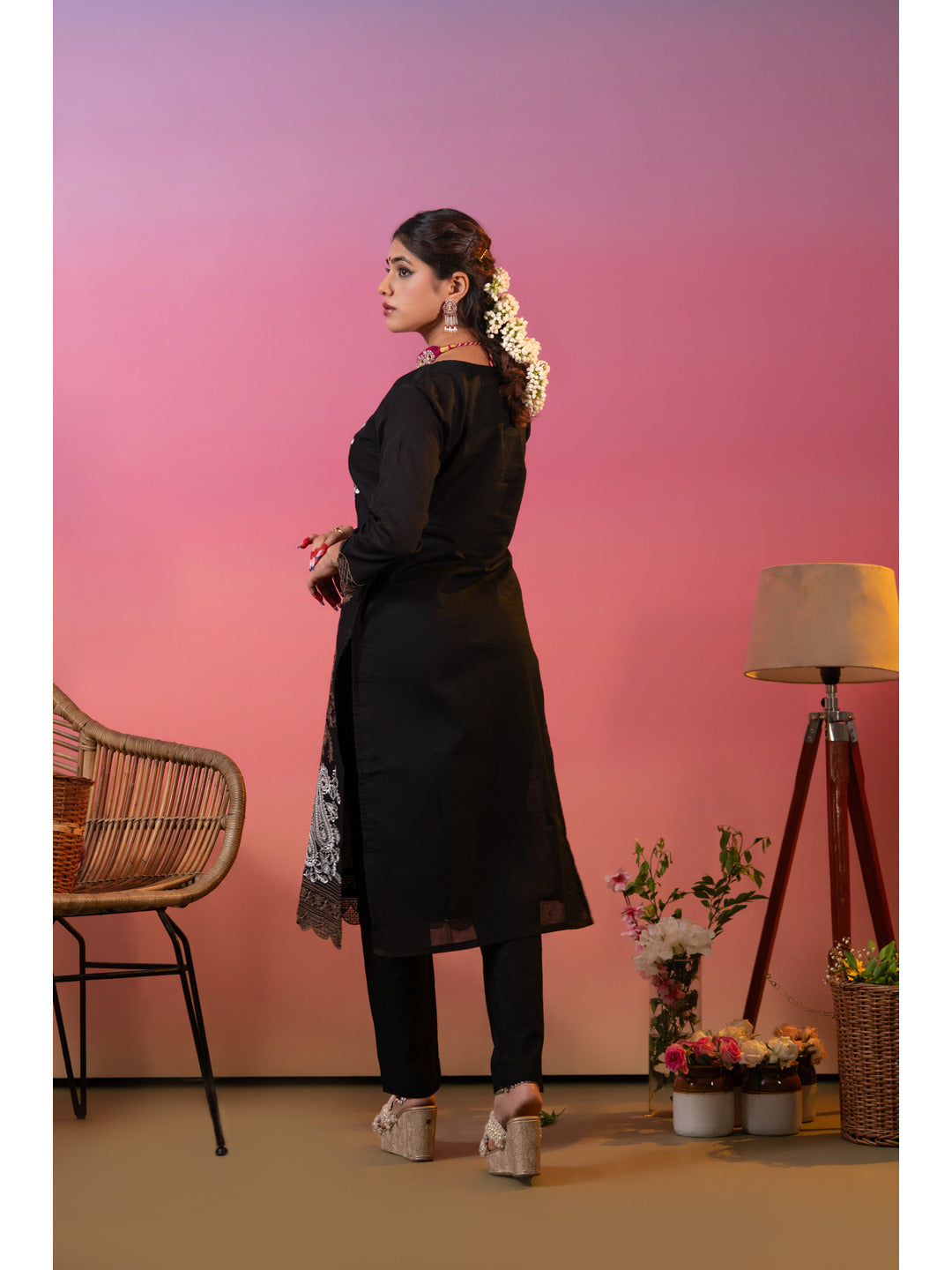 Beautiful Black Embroidered Kurta Set with Printed Dupatta