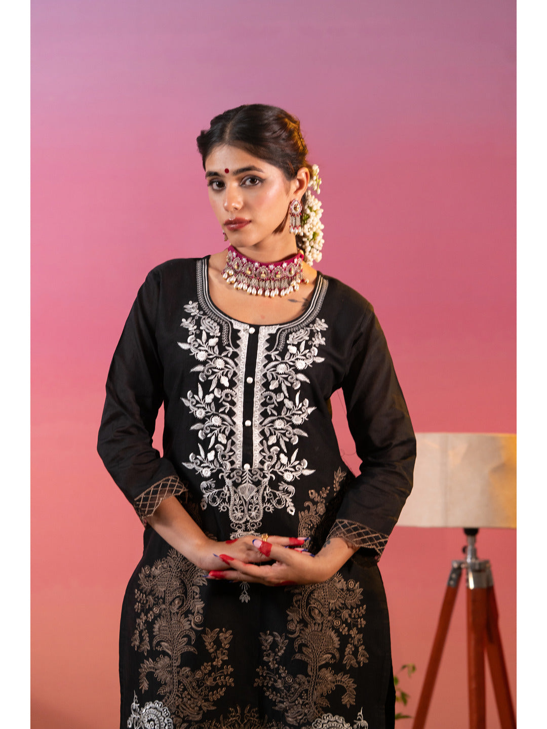 Beautiful Black Embroidered Kurta Set with Printed Dupatta