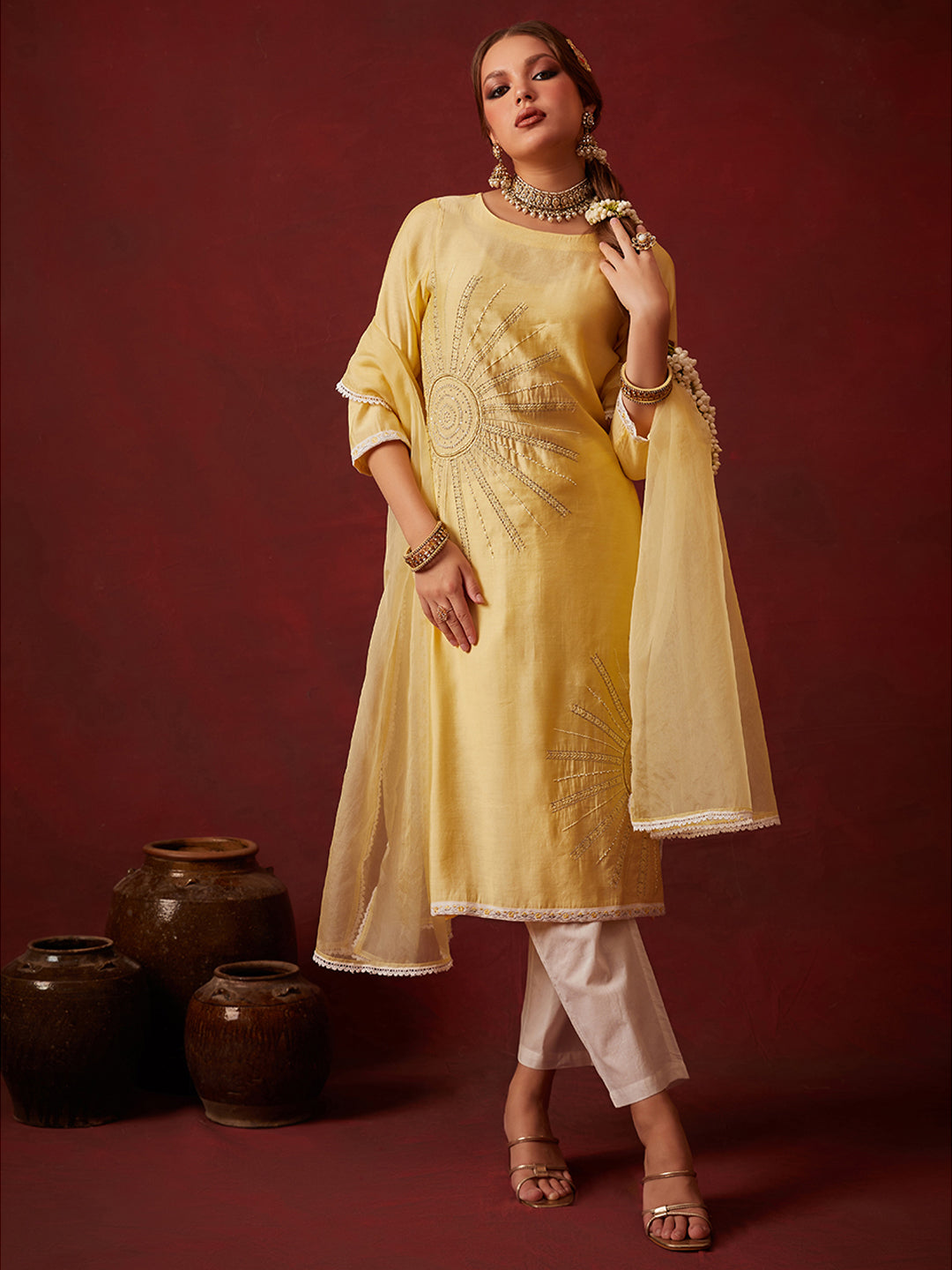 Yellow Embroidered Kurta Set with Dupatta