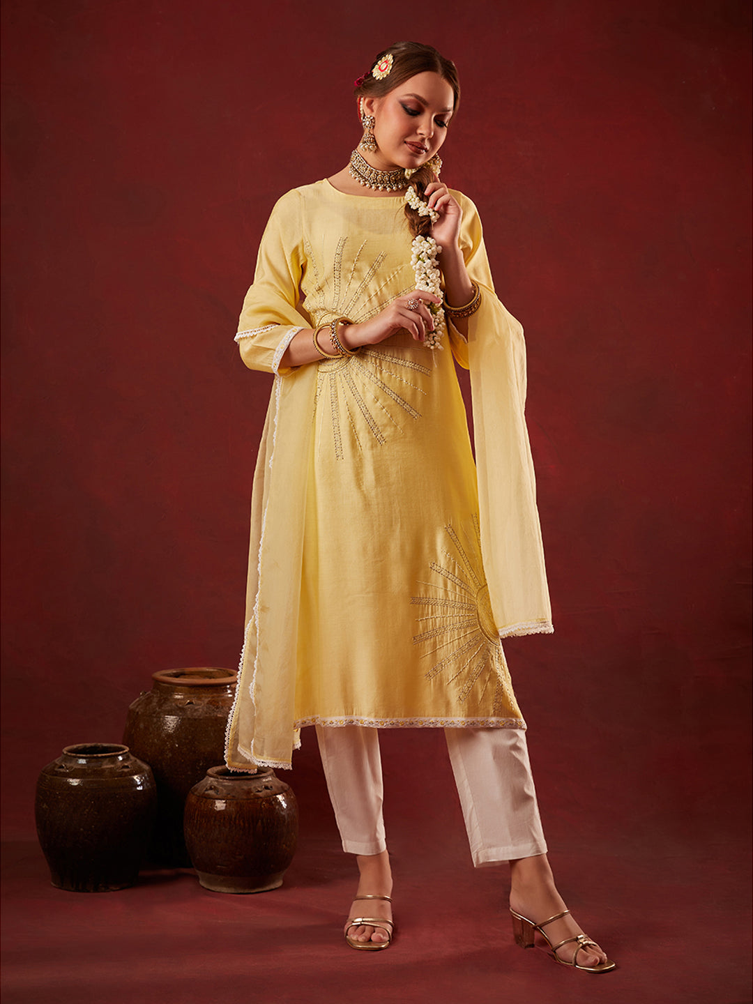 Yellow Embroidered Kurta Set with Dupatta