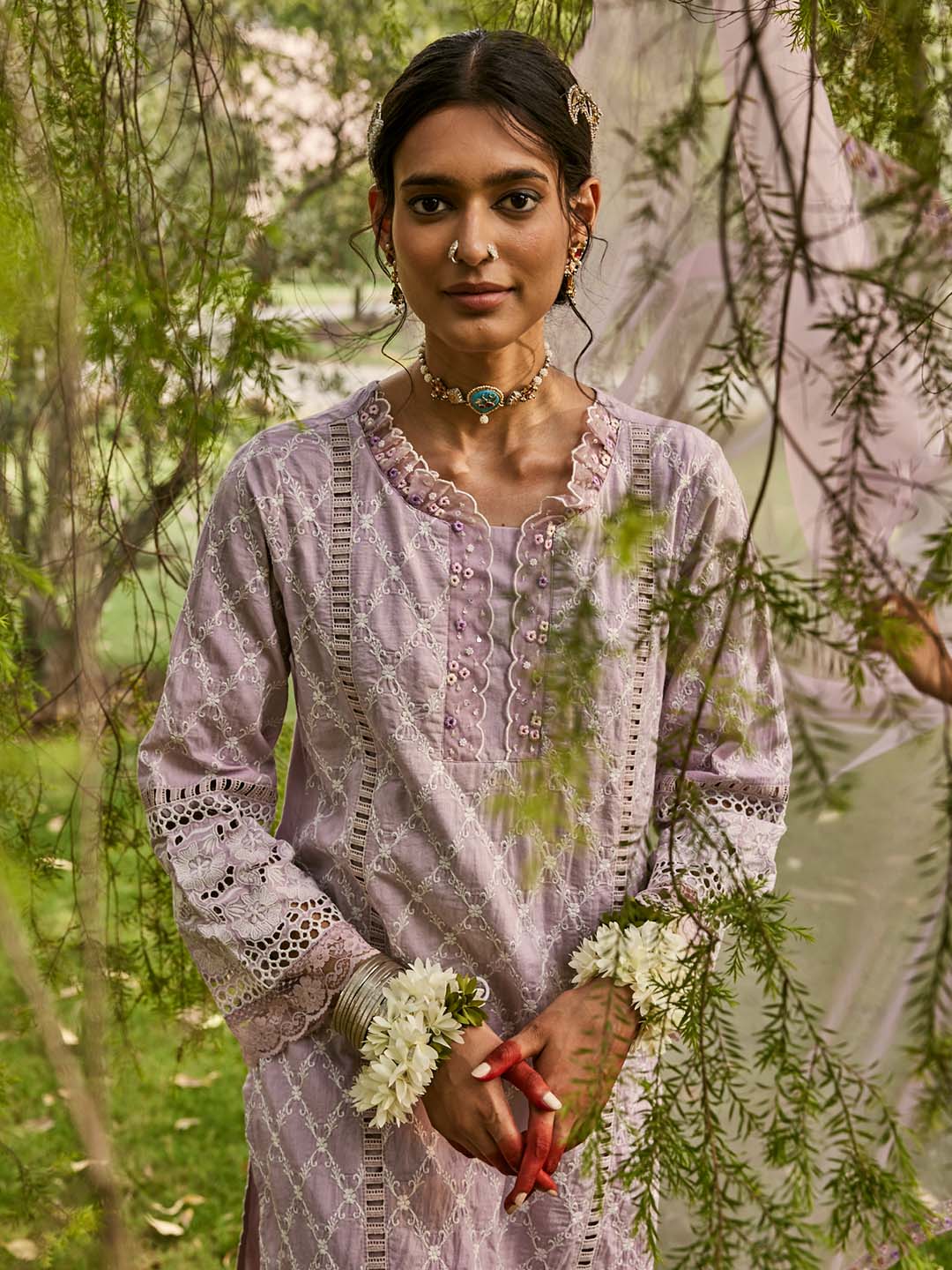 Lilac Embroidered Cotton Kurta Set with Dupatta