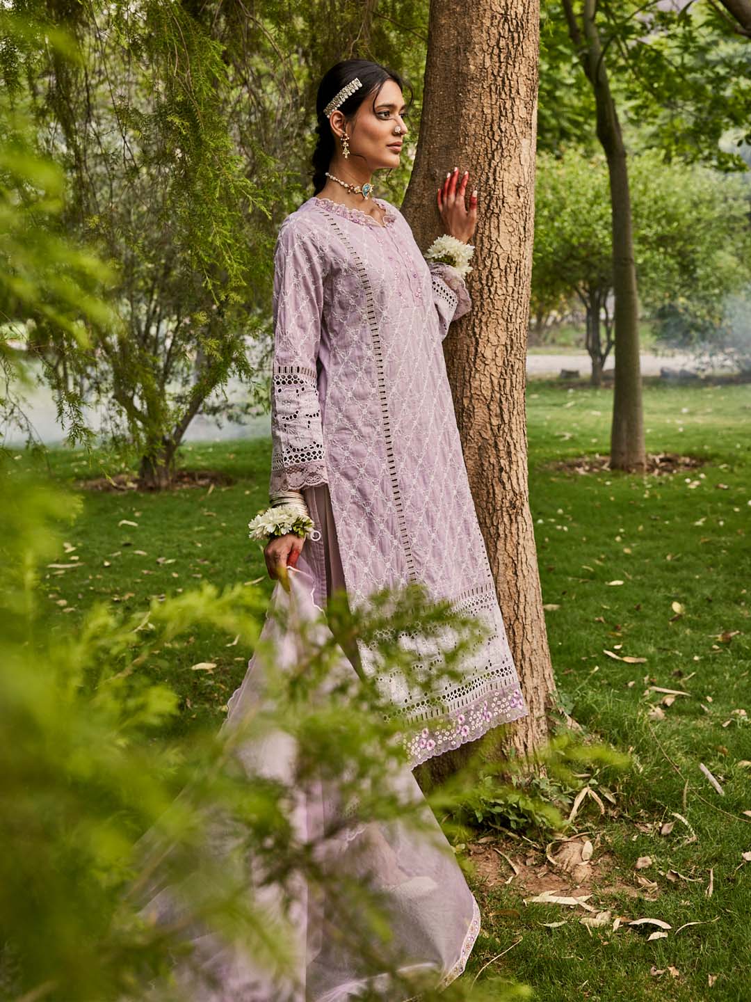 Lilac Embroidered Cotton Kurta Set with Dupatta