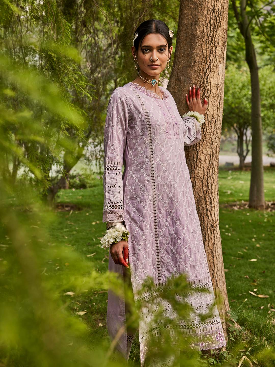 Lilac Embroidered Cotton Kurta Set with Dupatta