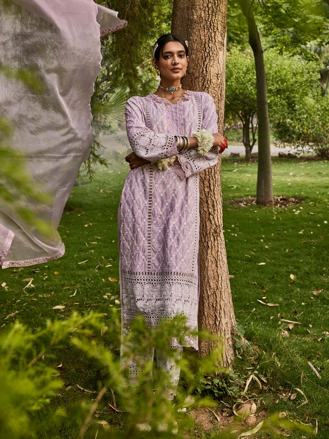 Lilac Embroidered Cotton Kurta Set with Dupatta