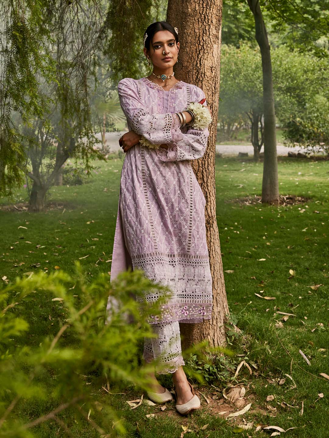 Lilac Embroidered Cotton Kurta Set with Dupatta
