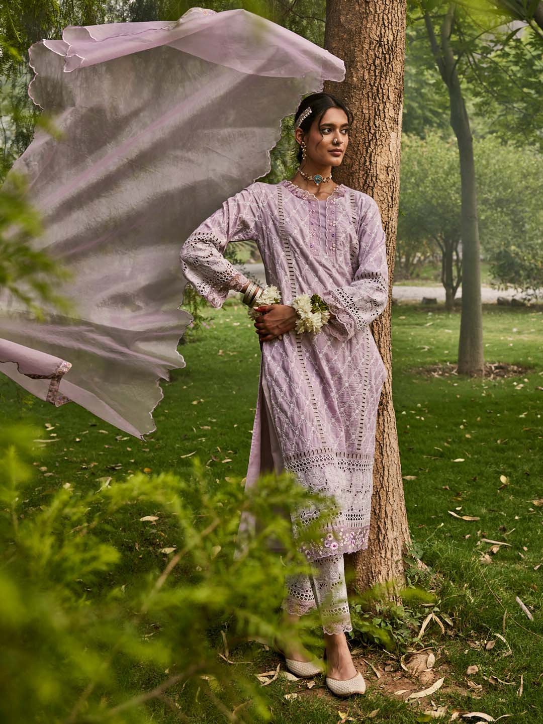Lilac Embroidered Cotton Kurta Set with Dupatta