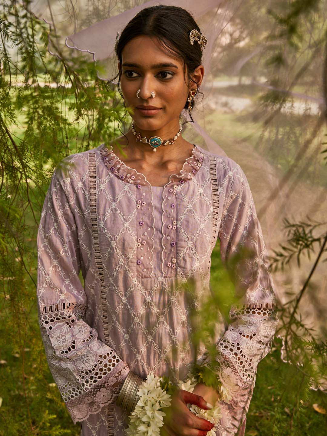 Lilac Embroidered Cotton Kurta Set with Dupatta