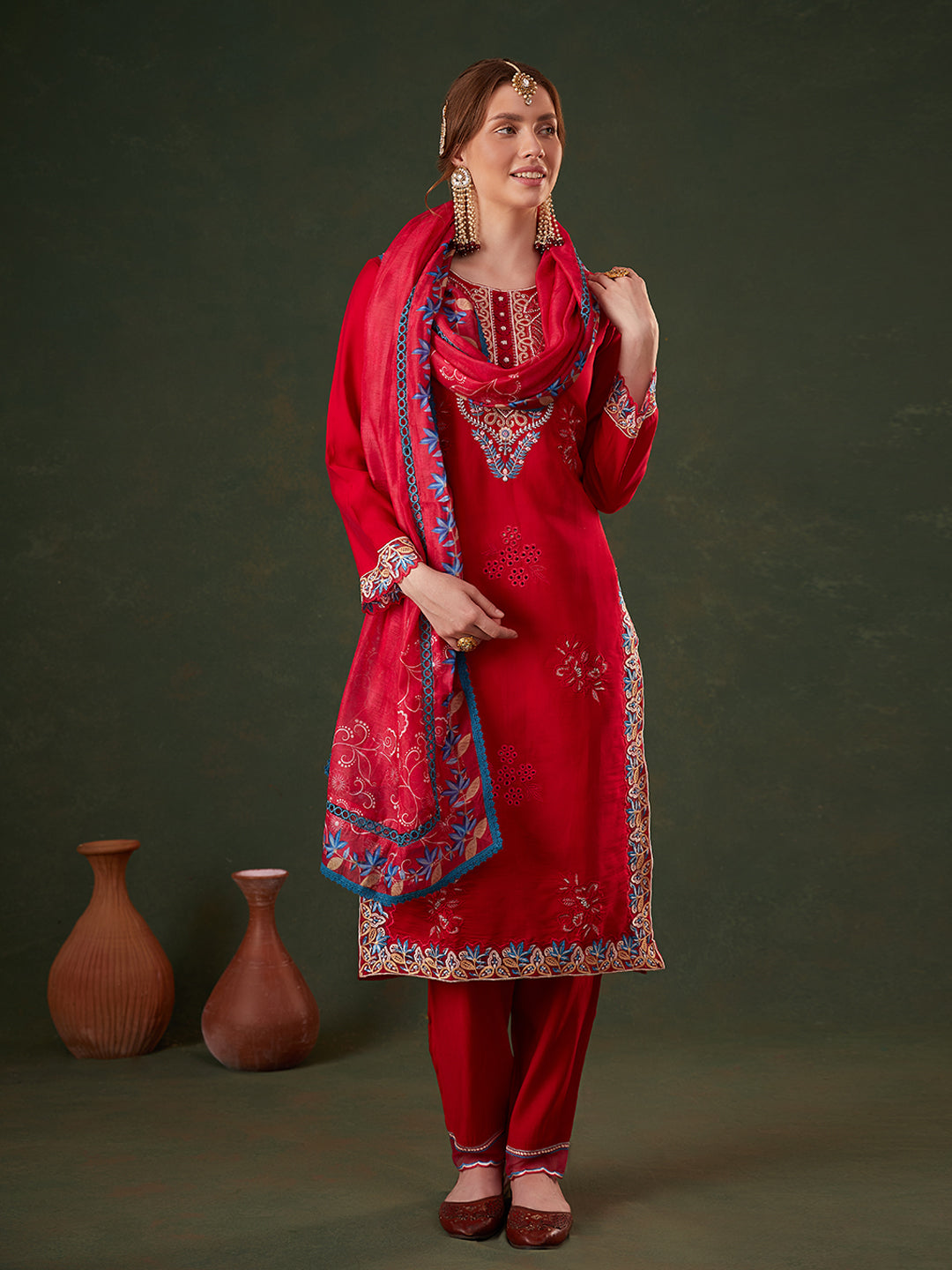 Red Floral Embroidered Kurta Set with Dupatta