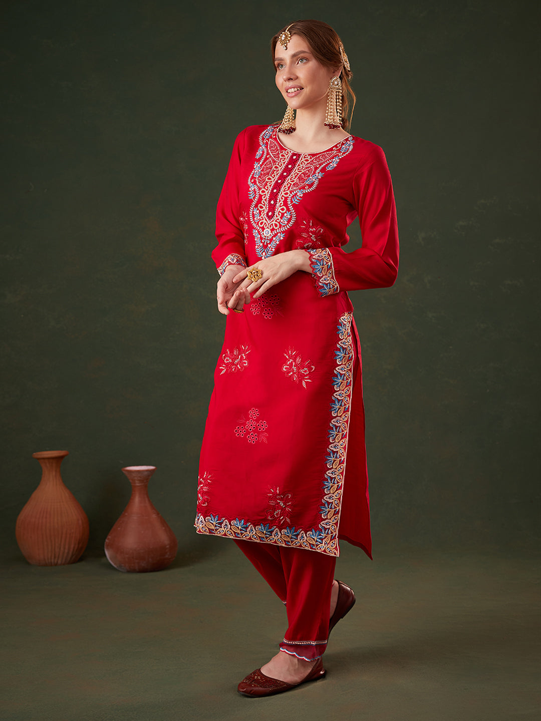 Red Floral Embroidered Kurta Set with Dupatta