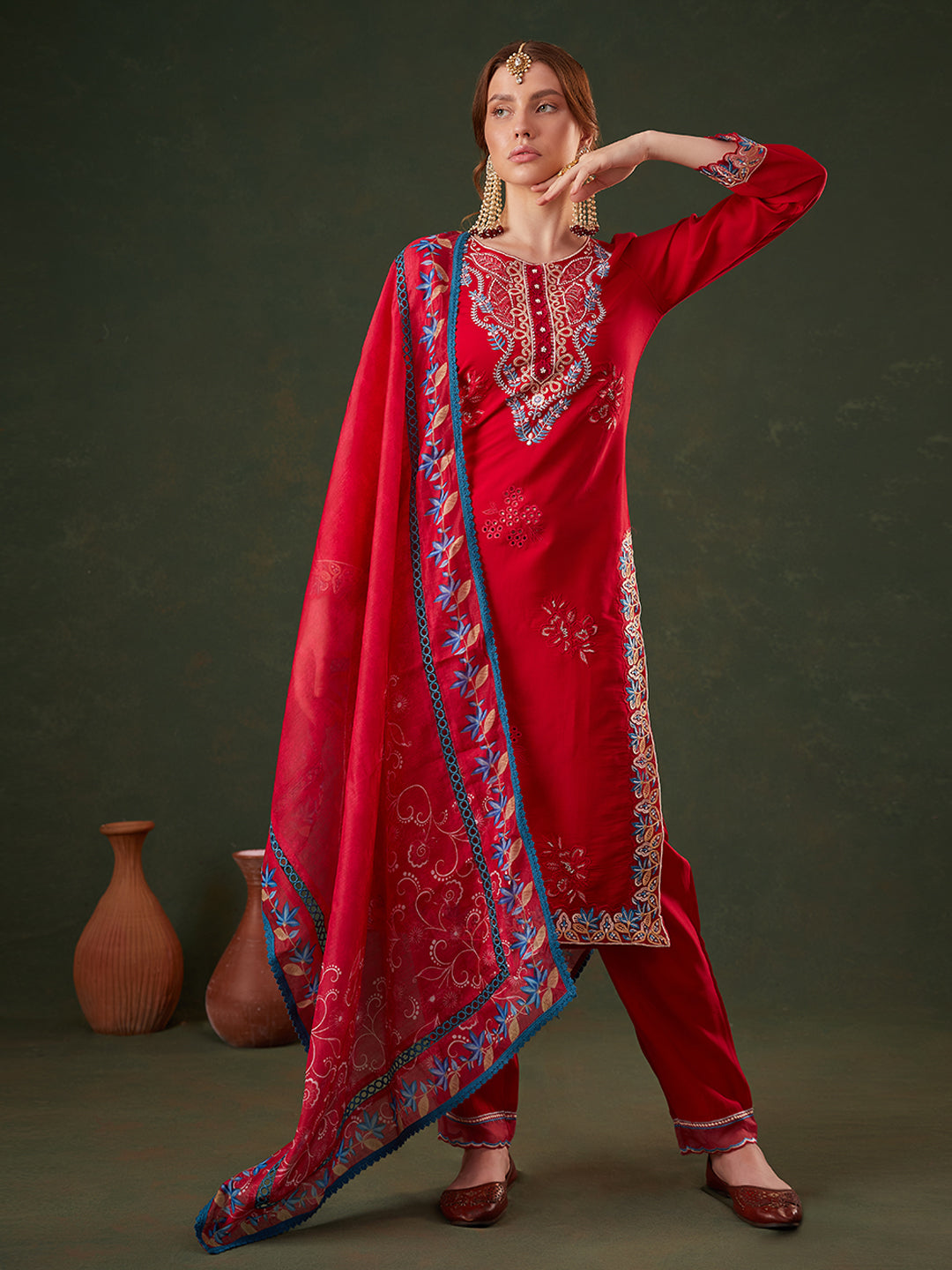 Red Floral Embroidered Kurta Set with Dupatta