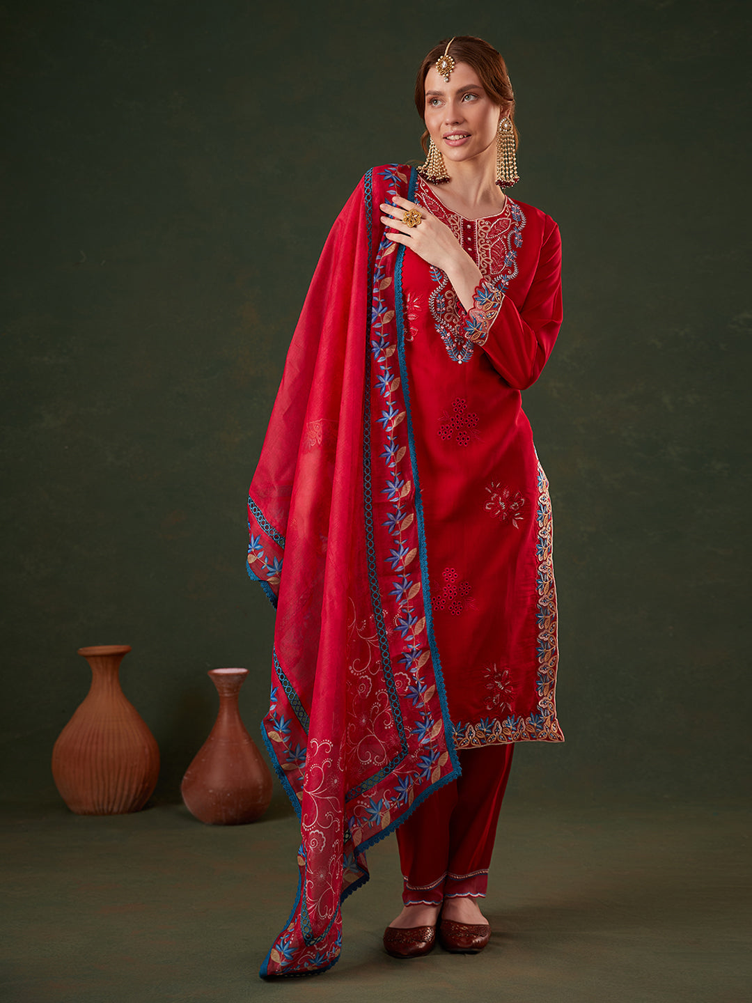 Red Floral Embroidered Kurta Set with Dupatta