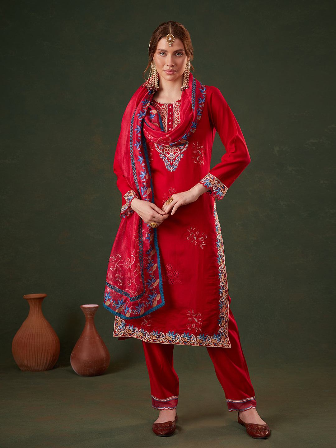 Red Floral Embroidered Kurta Set with Dupatta