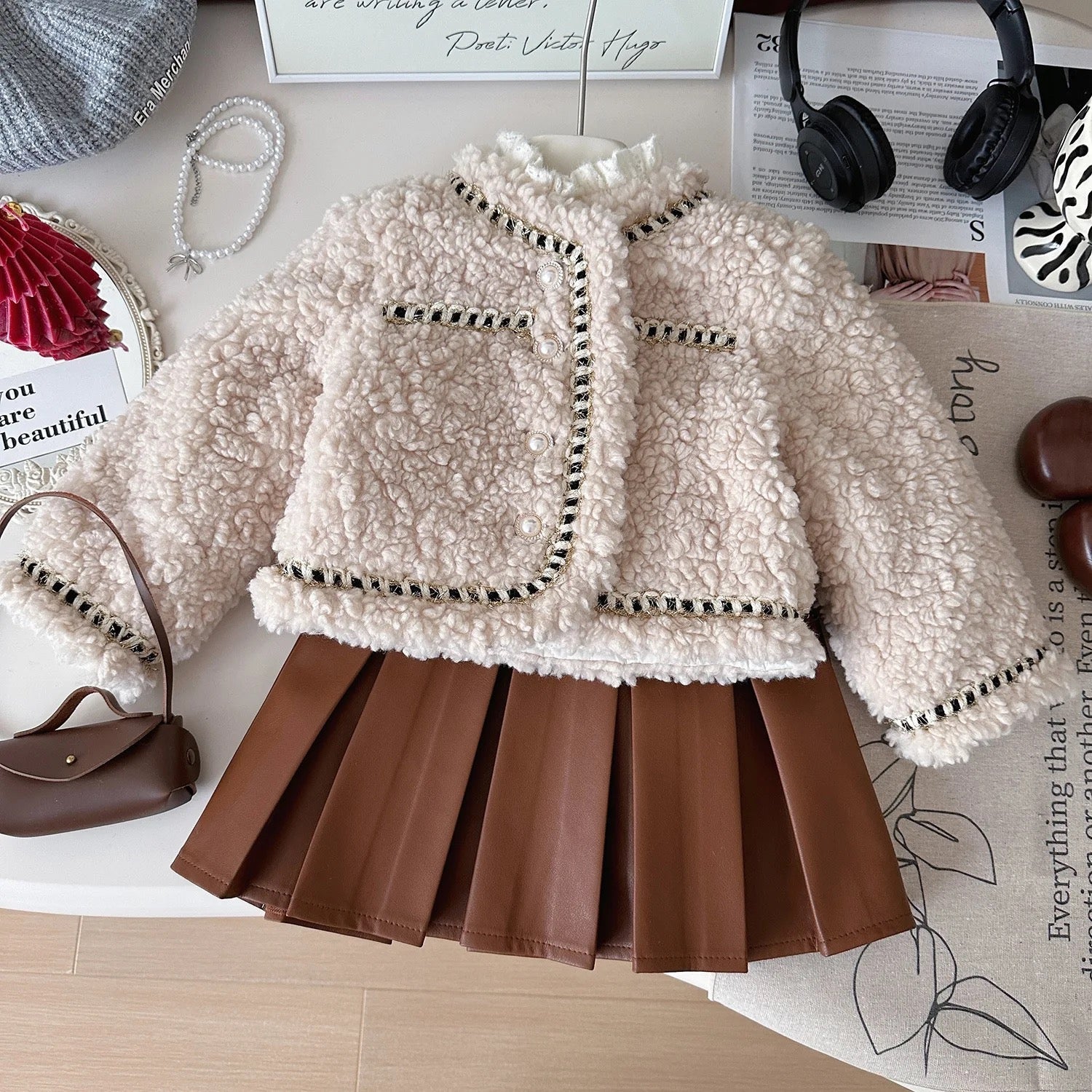 Girls Woolen Blazer And Brown Skirt 2 Pcs Set