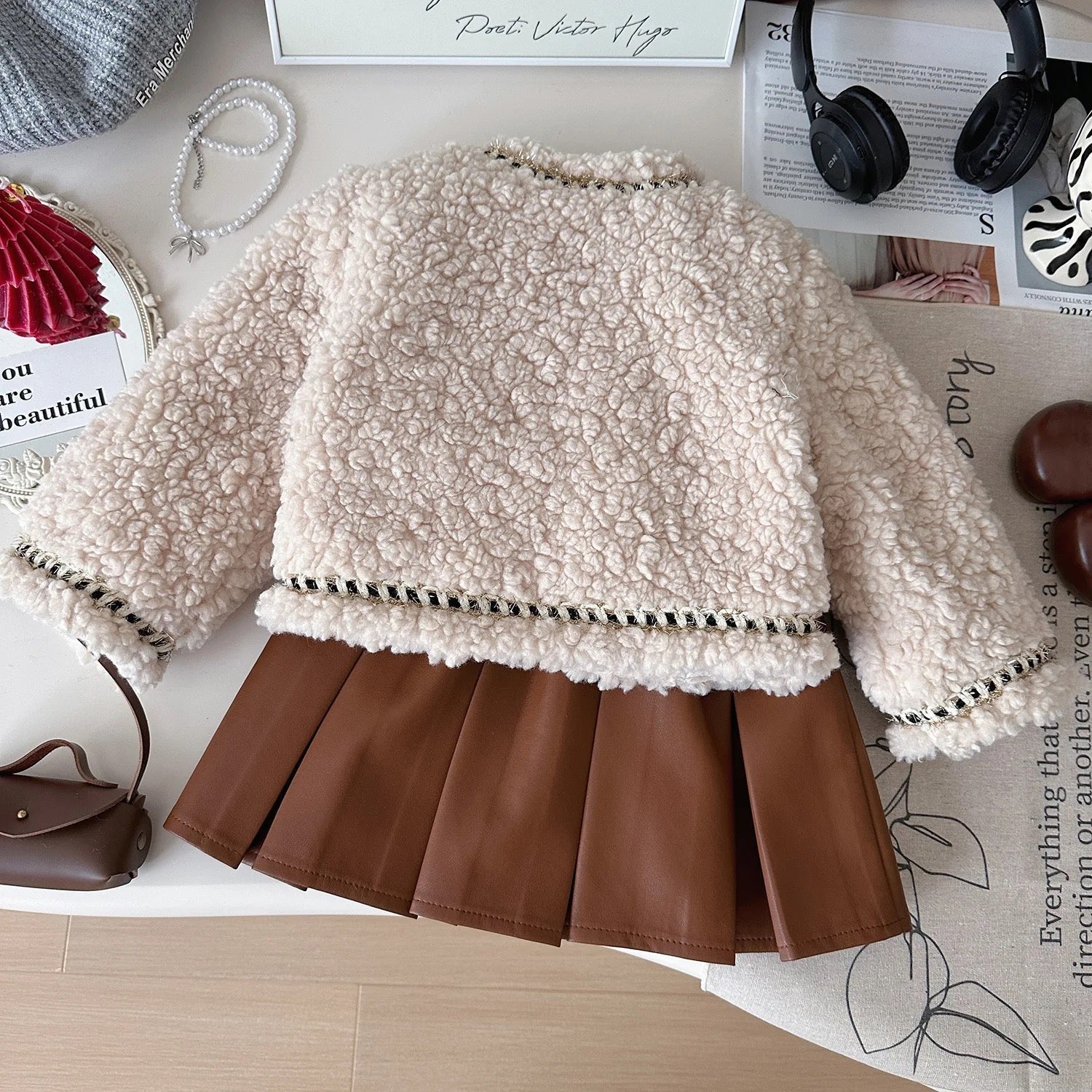 Girls Woolen Blazer And Brown Skirt 2 Pcs Set
