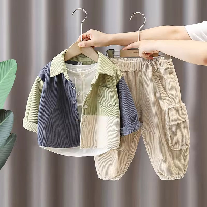 Boys Corduroy Shirt And Trouser With T-shirt