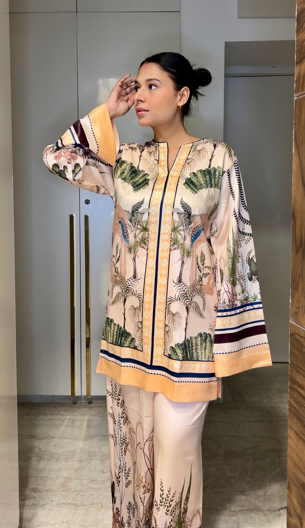 Meadow Mist Co-ord Set – Korean BSY Velvet, Green Tree & Leaf Motifs, Earthy Elegance