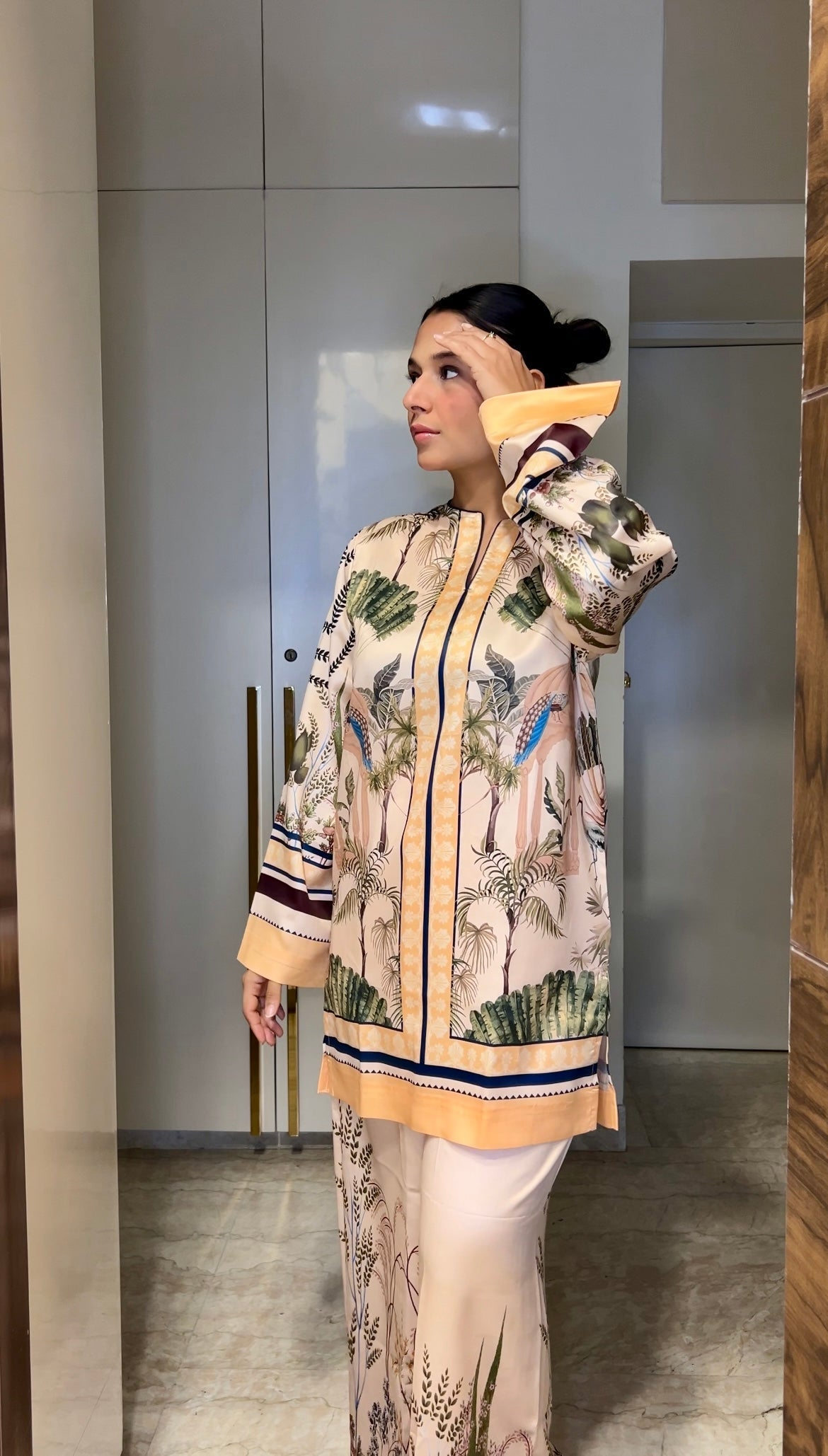 Meadow Mist Co-ord Set – Korean BSY Velvet, Green Tree & Leaf Motifs, Earthy Elegance
