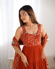 Stunning Orange Georgette Five-Layer Ruffle Anarkali Suit with Embroidered Dupatta – Festive & Party Wear