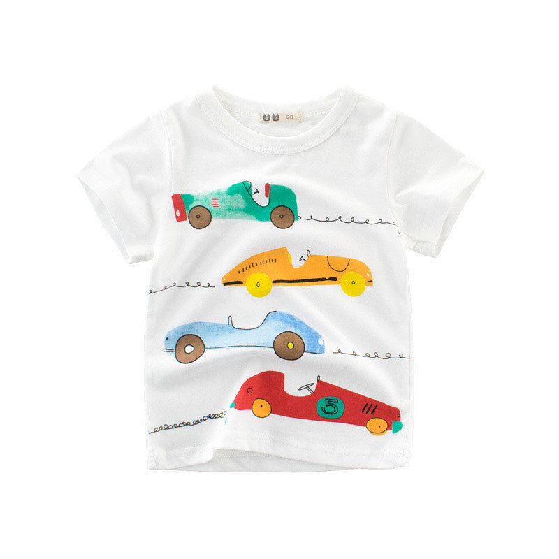 Boys White Stylish Car Print T-shirt