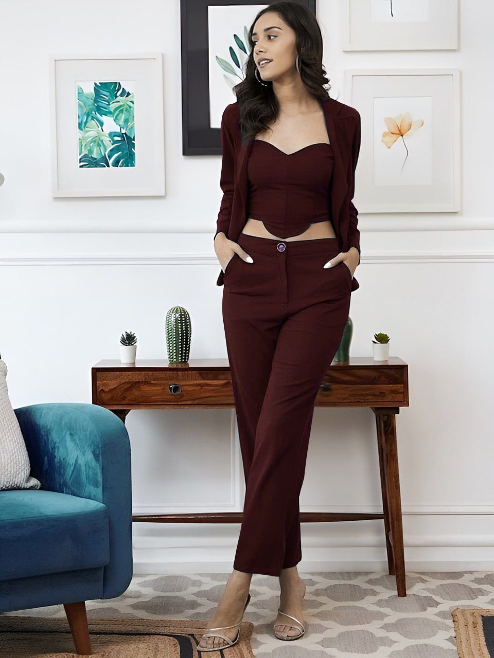 Elegant Black Blazer & Trouser Co-Ord Set with Crop Top