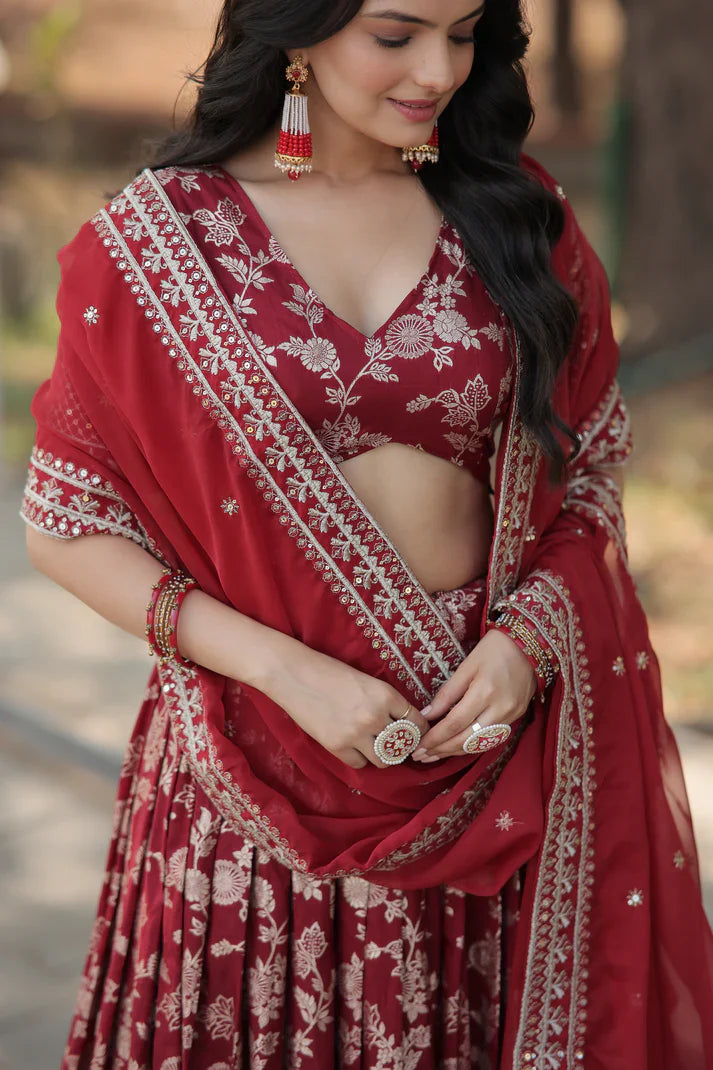 Elegant Full-Stitched Pure Dyable Viscose Jacquard Lehenga with Sequins Embroidery | Unstitched Matching Blouse & Russian Silk Dupatta
