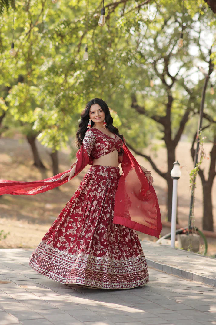 Elegant Full-Stitched Pure Dyable Viscose Jacquard Lehenga with Sequins Embroidery | Unstitched Matching Blouse & Russian Silk Dupatta