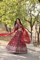 Elegant Full-Stitched Pure Dyable Viscose Jacquard Lehenga with Sequins Embroidery | Unstitched Matching Blouse & Russian Silk Dupatta