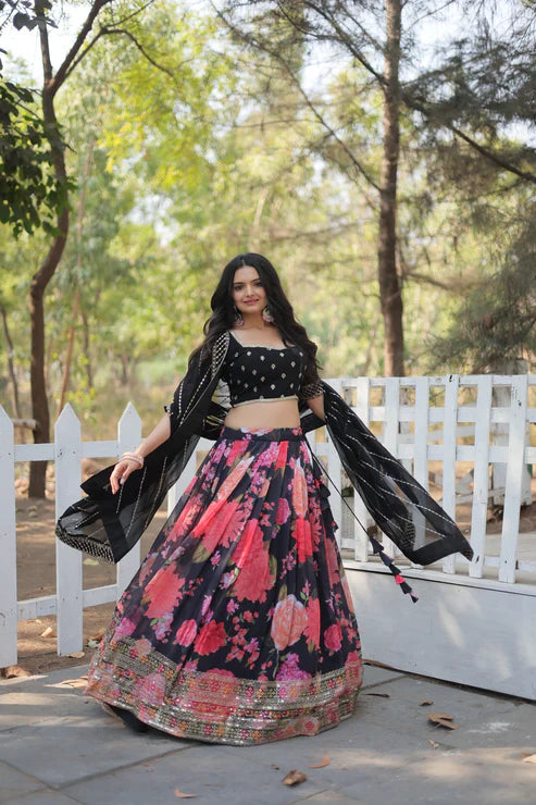 Elegant Digital Printed Faux Georgette Lehenga with Heavy Sequins & Thread Embroidery