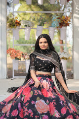 Elegant Digital Printed Faux Georgette Lehenga with Heavy Sequins & Thread Embroidery