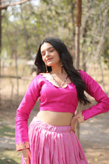 Pure Dyable Viscose Jacquard Lehenga with Kalamkari Jari Border and Phantom Blouse – Full-Stitched Set