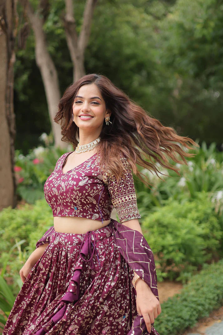 Full-Stitched Dyable Viscose Jacquard Lehenga with Golden Sequins Embroidery