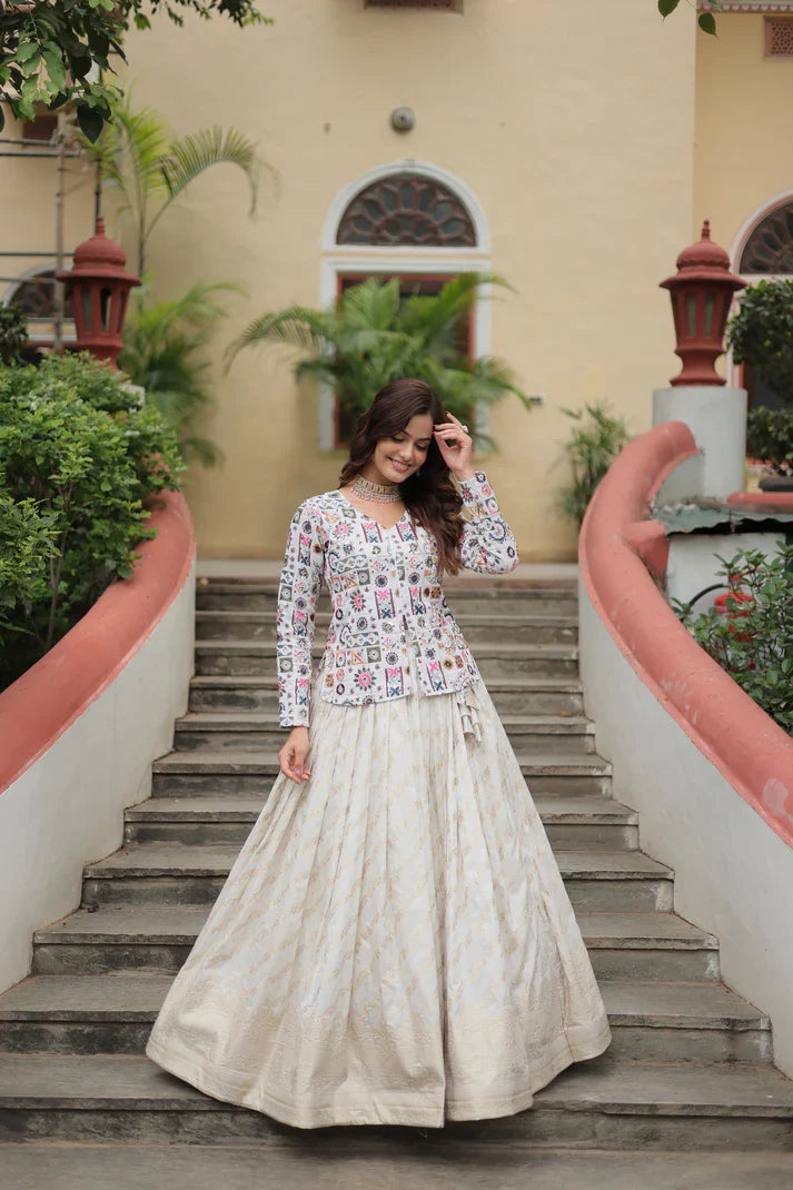 Elegant Full-Stitched Lehenga Set in Pure Double Viscose Jacquard with Faux Georgette Embroidered Top