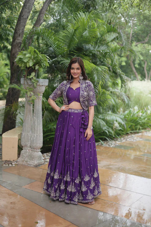 Full-Stitched Chinnon Lehenga Set with Rich Sequins Embroidery, Blouse & Koti