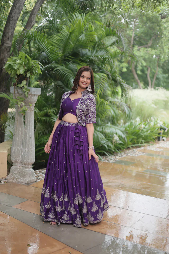Full-Stitched Chinnon Lehenga Set with Rich Sequins Embroidery, Blouse & Koti