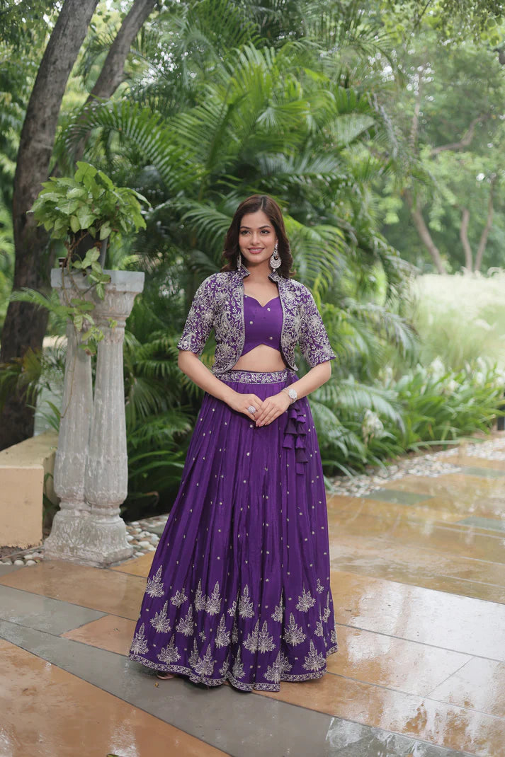 Full-Stitched Chinnon Lehenga Set with Rich Sequins Embroidery, Blouse & Koti