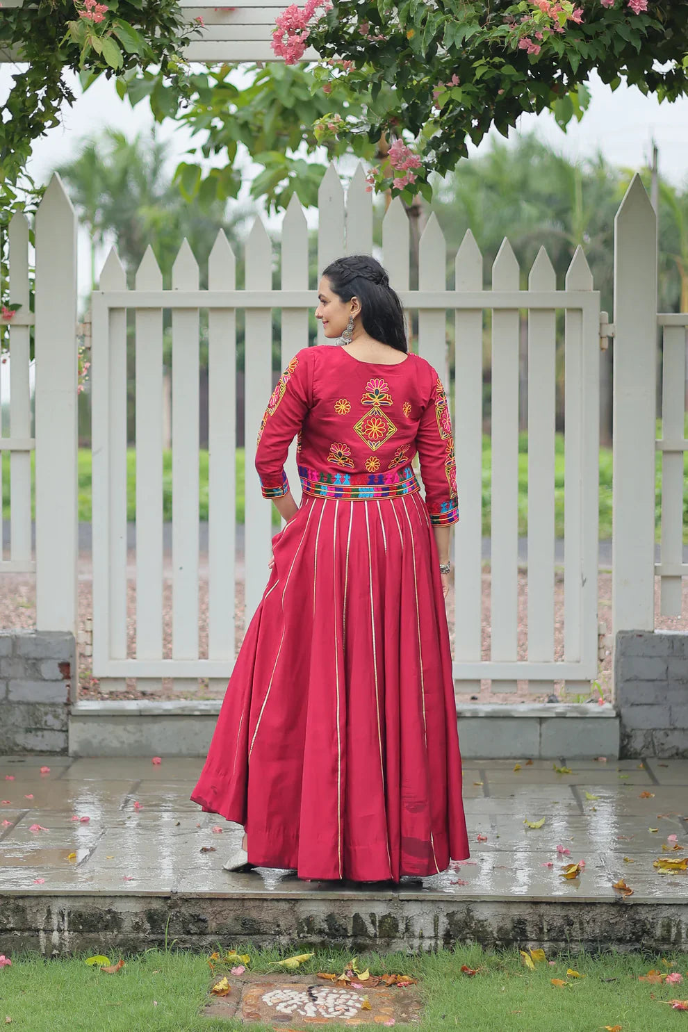 Stunning Roman Fabric Lehenga Set Featuring Gota Patti Lace & Kutchi Gamthi Embroidered Koti Blouse