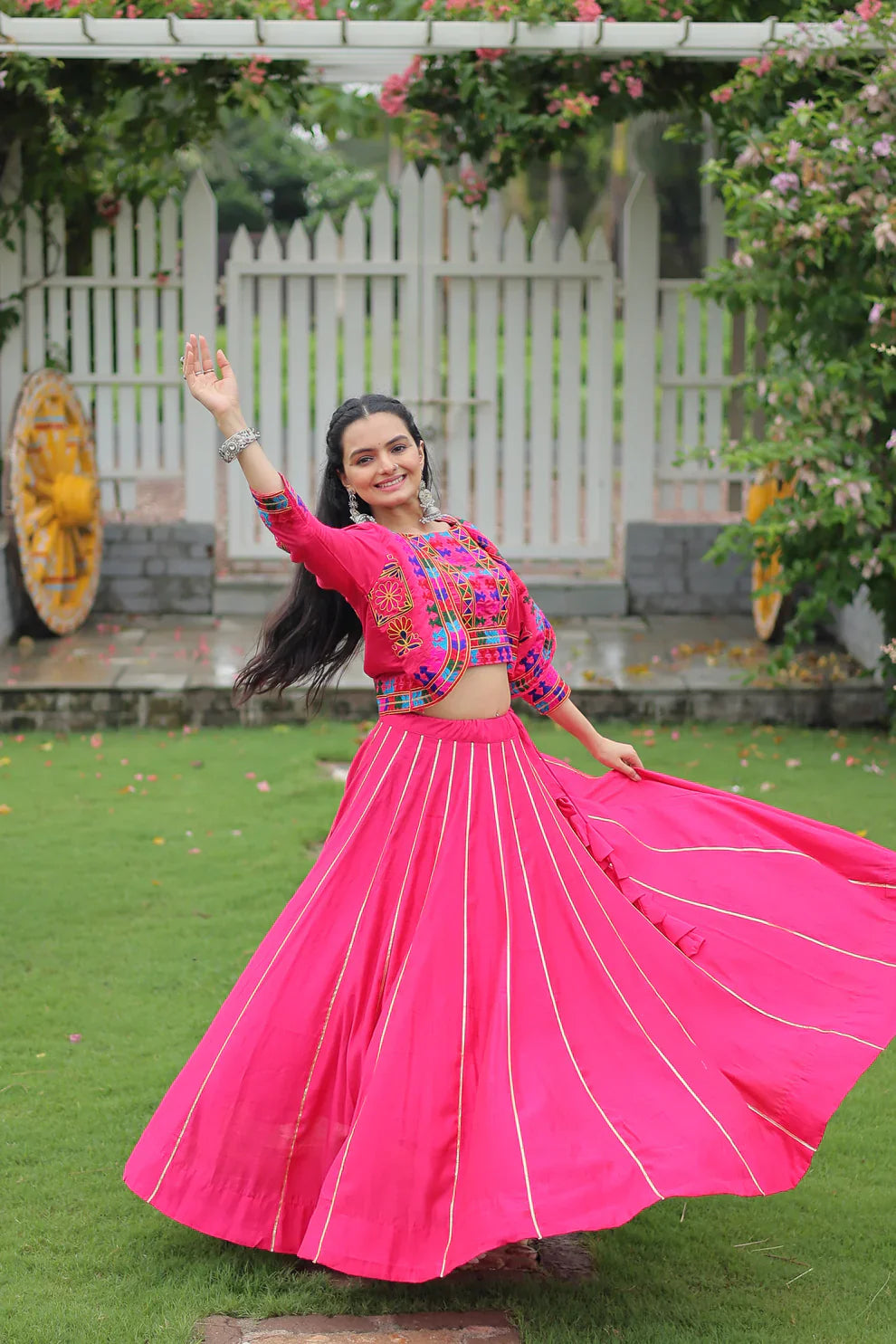 Roman Fabric Lehenga with Gota-Patti Lace & Kutchi Gamthi Embroidered Koti-Blouse Set