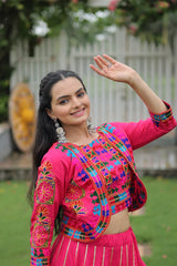 Roman Fabric Lehenga with Gota-Patti Lace & Kutchi Gamthi Embroidered Koti-Blouse Set