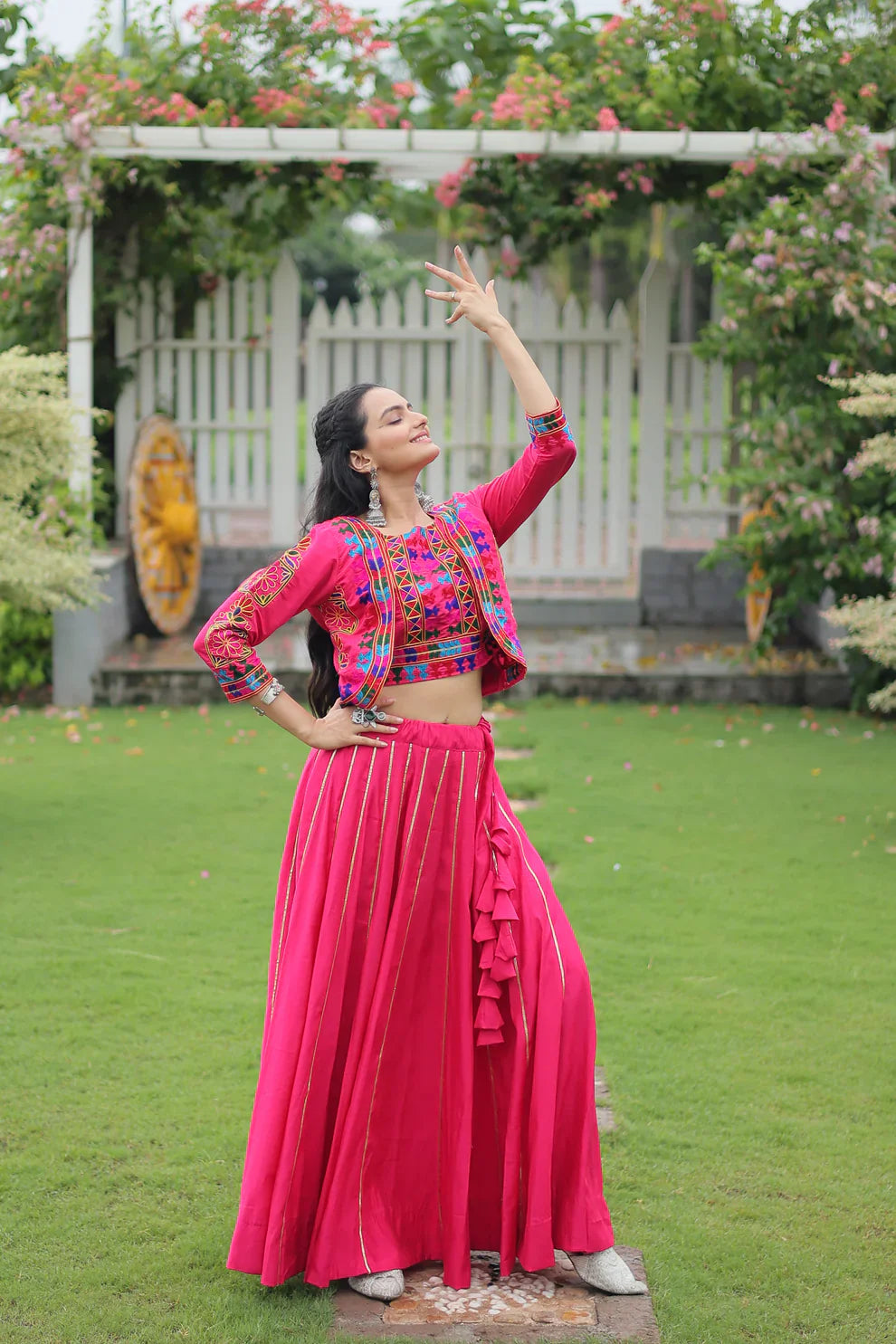 Roman Fabric Lehenga with Gota-Patti Lace & Kutchi Gamthi Embroidered Koti-Blouse Set