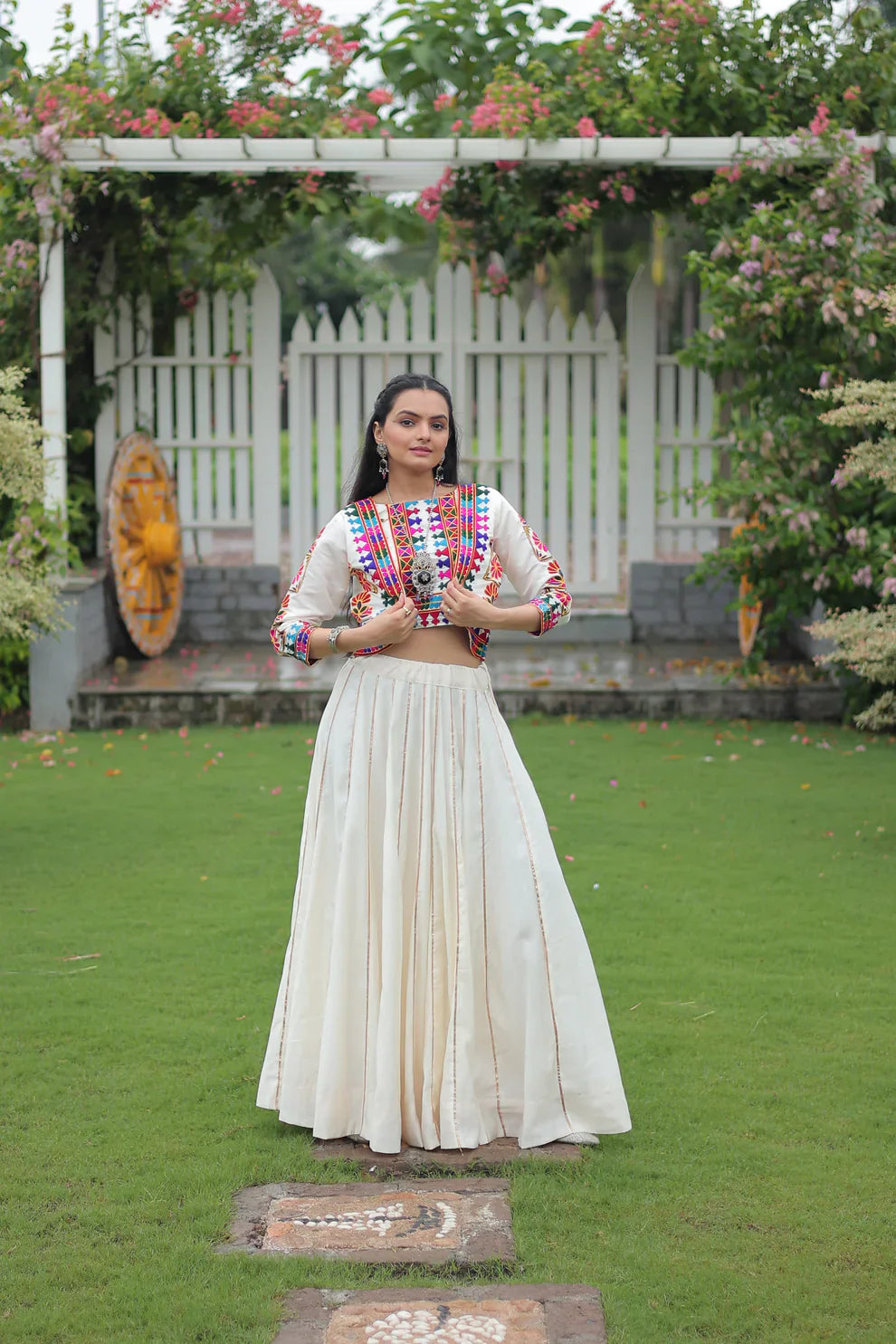 Stunning Roman Fabric Lehenga with Gota-Patti Lace & Kutchi Gamthi Embroidered Top – Full Stitched Set