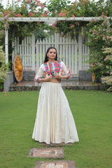Stunning Roman Fabric Lehenga with Gota-Patti Lace & Kutchi Gamthi Embroidered Top – Full Stitched Set