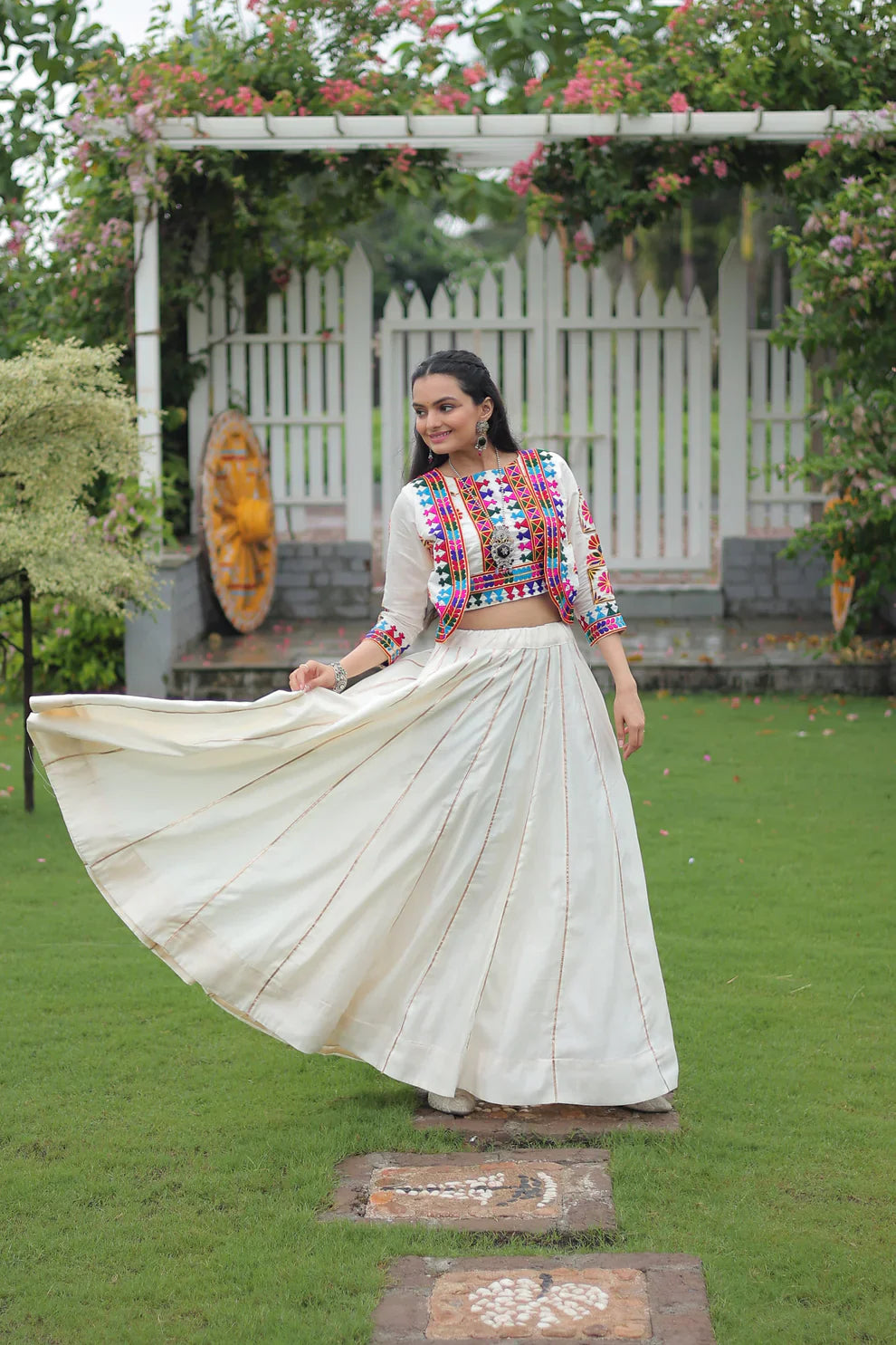 Stunning Roman Fabric Lehenga with Gota-Patti Lace & Kutchi Gamthi Embroidered Top – Full Stitched Set