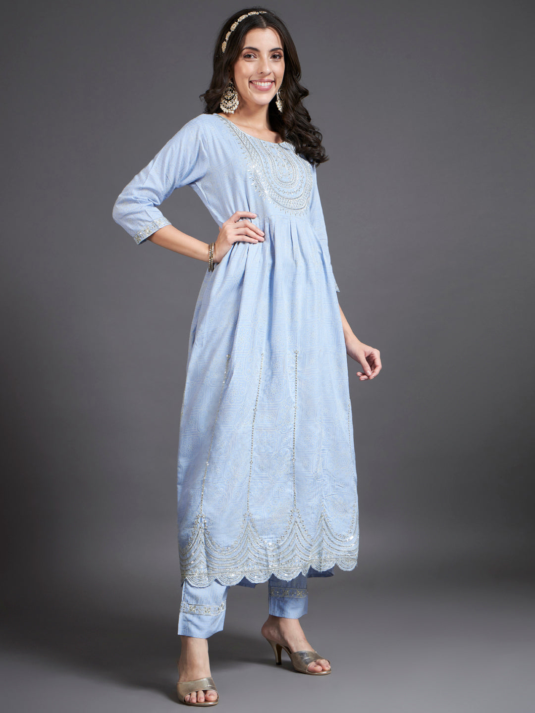 Powder Blue Khari Printed Kurta Set with Dupatta
